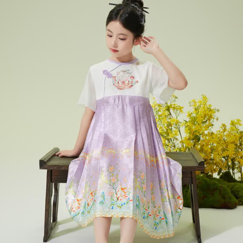 Xiaohu Party Hanfu Girls  Deer Embroidered Short Sleeve Dress 120