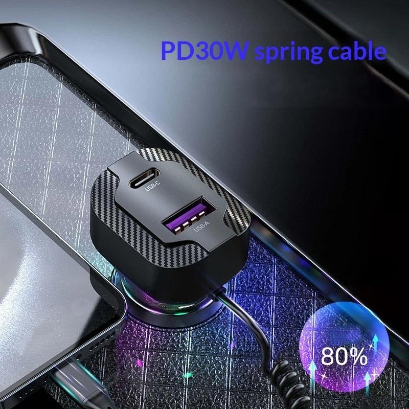PD 30W Fast Charge Car Charger RGB Breathing Light Coiled Type C Cable Overheat Protection for Daily Commute Car Use