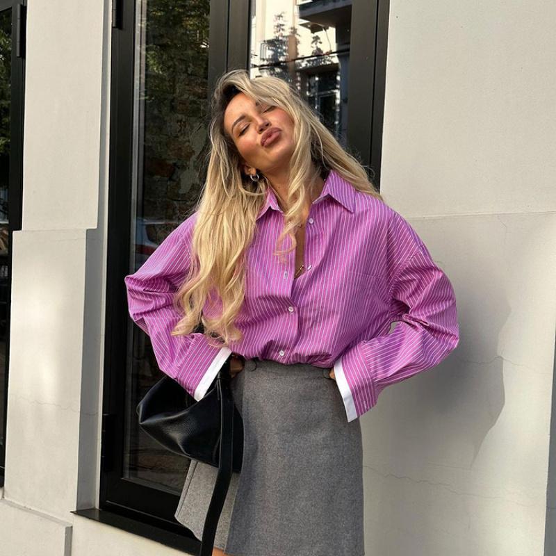 Spring 2026 New Women's Tops Simple Casual Color-Block Striped Long-Sleeve Shirt