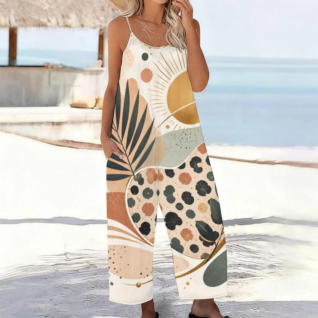 Women Spaghetti Strap Jumpsuit Cartoon Night Moon Cloud Star Print Wide Leg Pants With Pockets