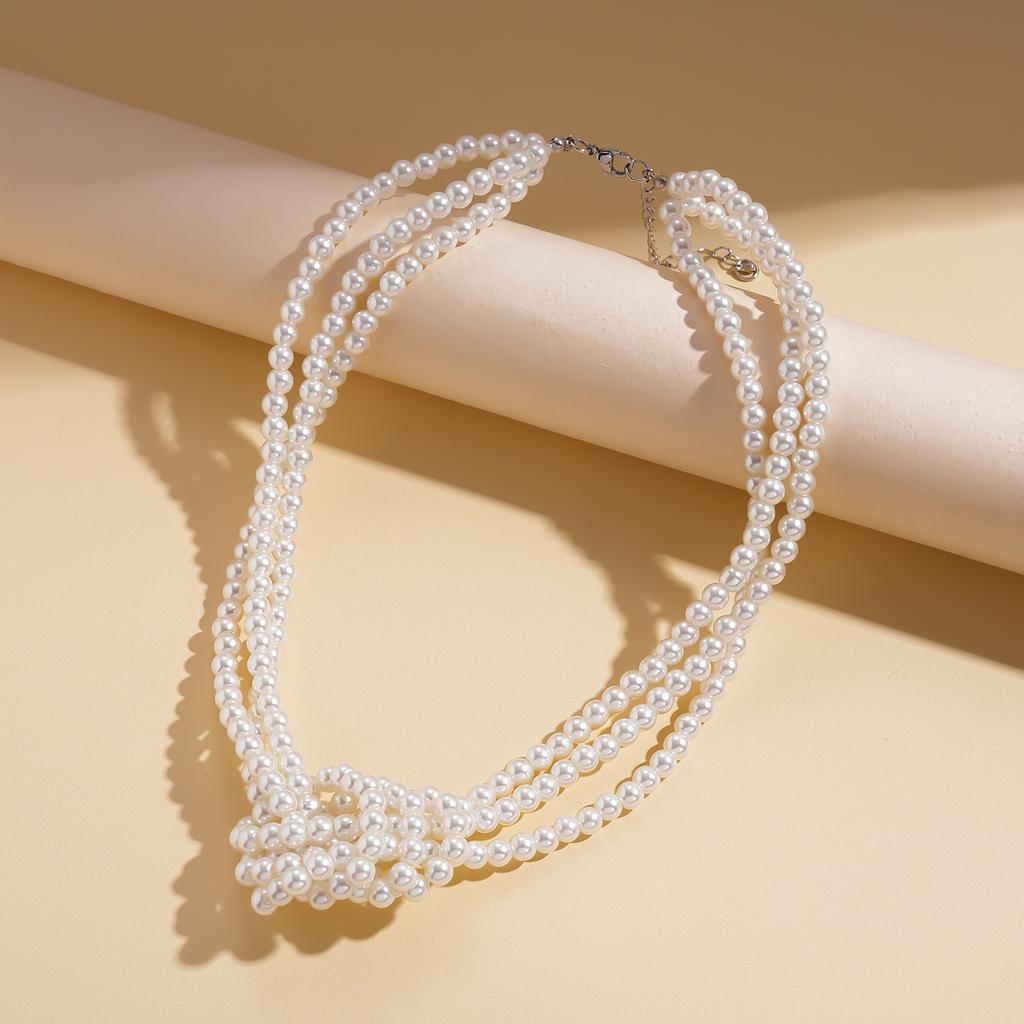 Imitation pearl beaded three-layer knotted sweater chain elegant temperament niche fashion necklace
