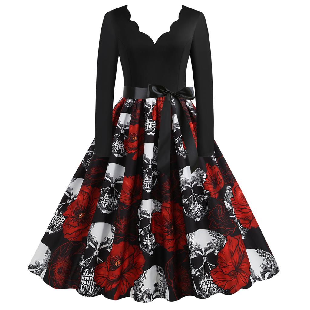 Women New Halloween   Print Dress Round Neck Zipper Party Dress