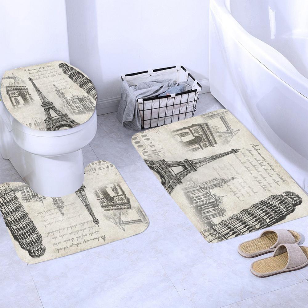 Vintage Scenery Paris Tower Home Decor Waterproof Shower Curtain Set With 12 Hooks Toilet Covers Bath Mats Bathroom Non-Slip Rug