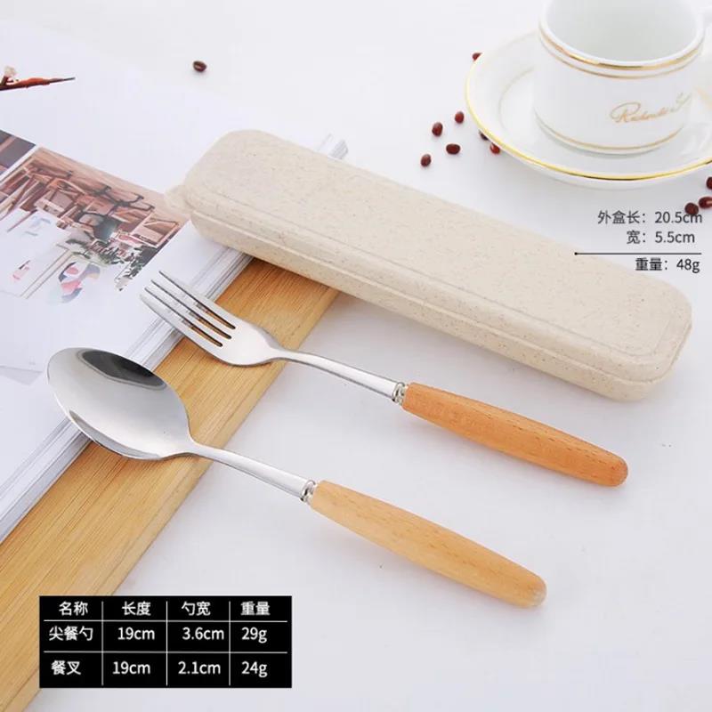 Wooden Handle Stainless Steel Tableware Three-Piece Set Chopsticks Fork Spoon Students Outdoor Travel Gift Tableware Set4