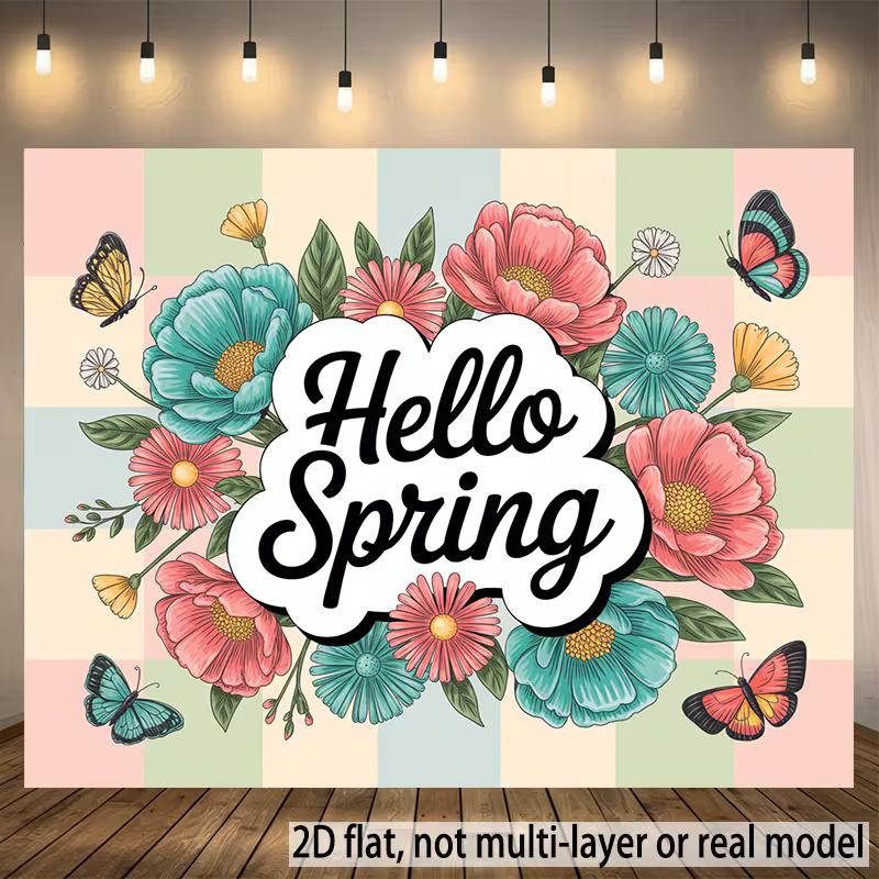 

2D Hello Spring Photography Backdrop, Pastel Plaid Background with Vibrant Flowers and Butterflies 47.2x31.5inch/120*80cm