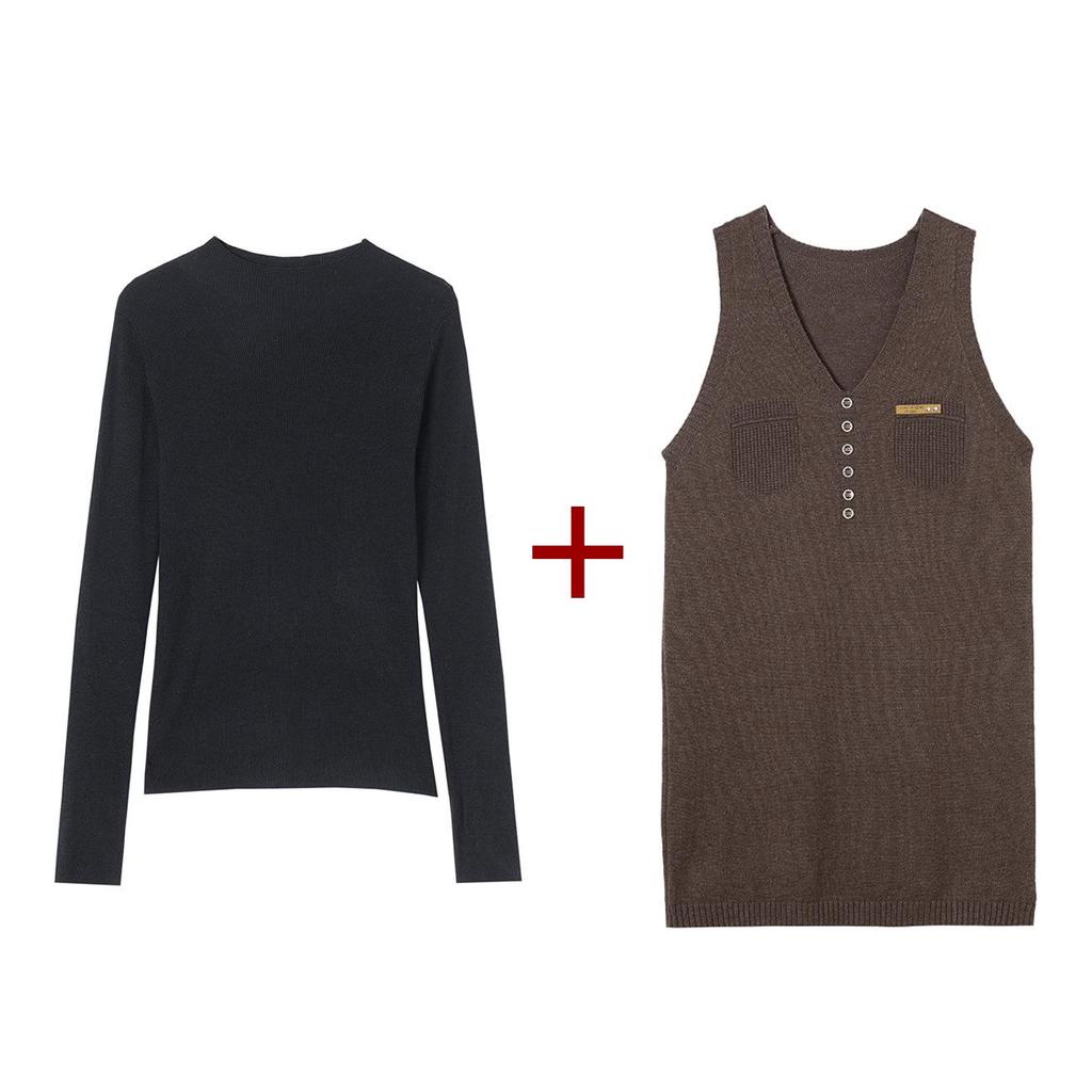 Hengyuanxiang Two-Piece Knit Vest Dress Set: Mid-Length Sweater Dress, Slimming & Tummy-Concealing for Autumn/Winter.