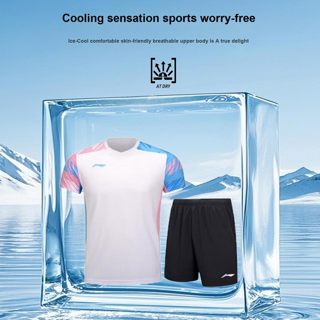 Li Ning Badminton Series Quick-Dry Breathable Sweat-Wicking Training Short Sleeve T-Shirt And Shorts Casual Sports Set Unisex sports set AATV101-1