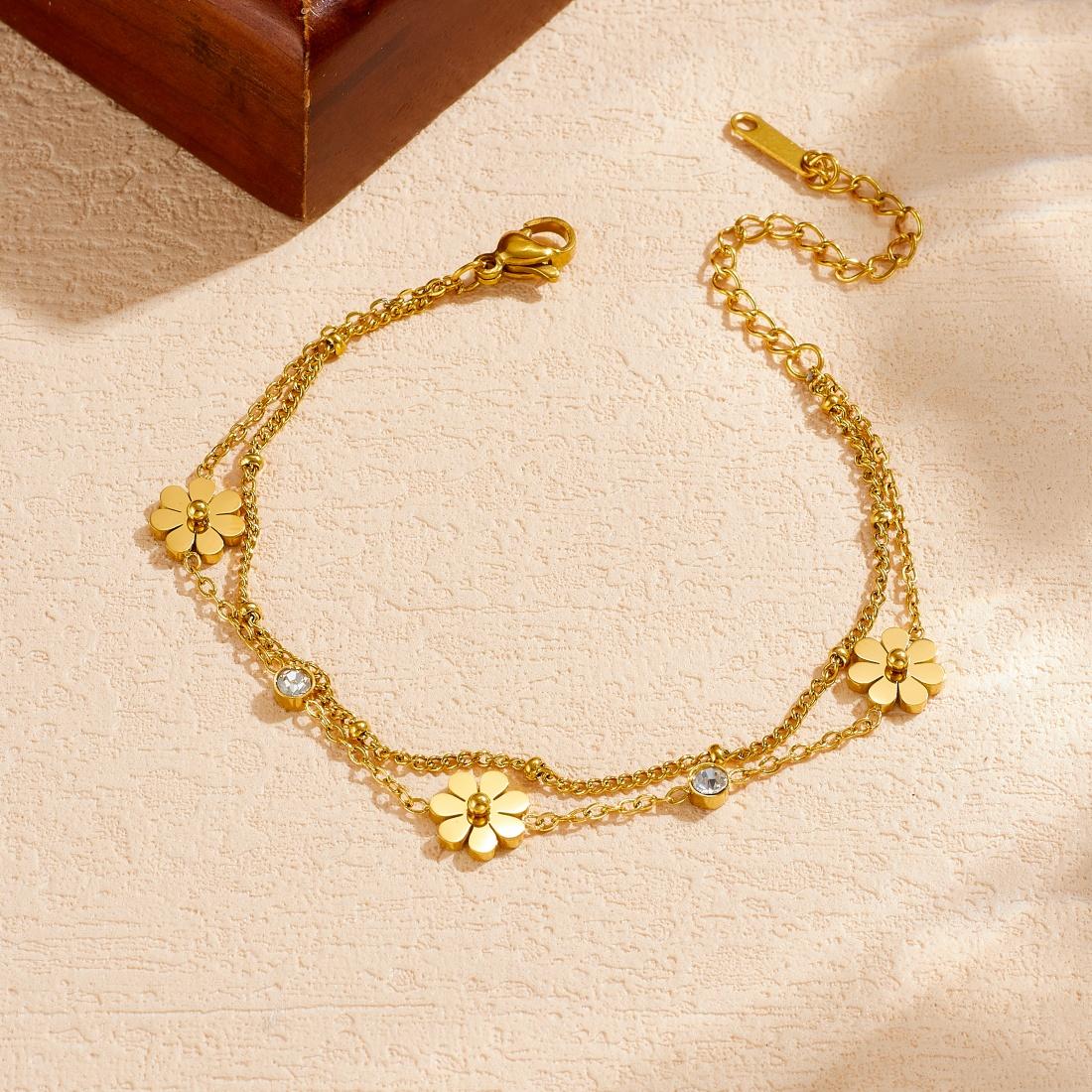 Zircon Inlaid Cylinder Smooth Flower Double-Layer Bracelet Women 316L Stainless Steel Exquisite Elegant Hand Chain Gift