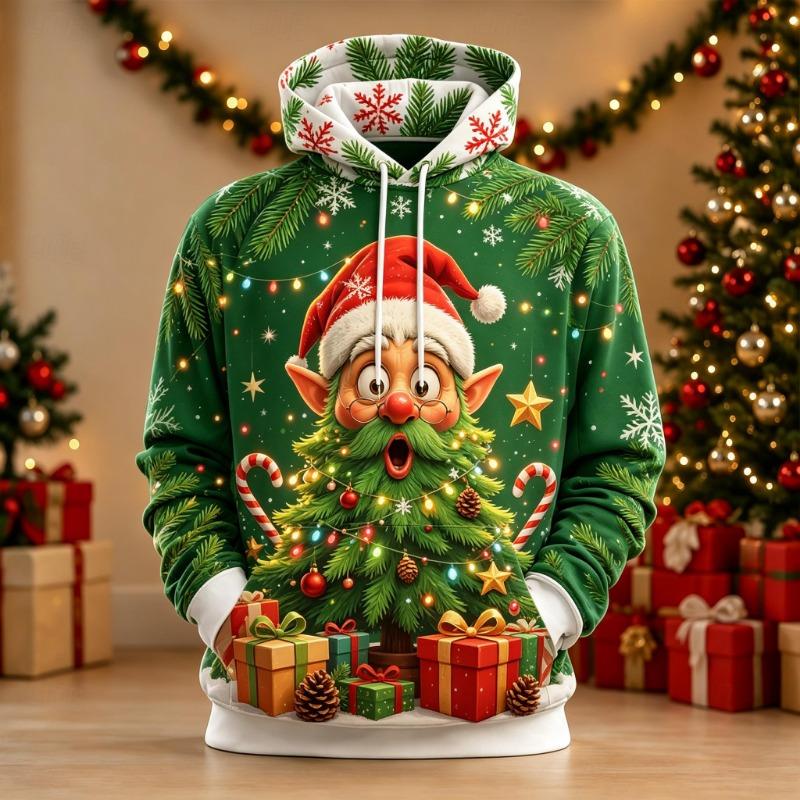 Men's Hoodie Green Christmas Tree Elf Print Breathable Pullover Sweatshirt for Xmas Holiday Party Gathering Wear