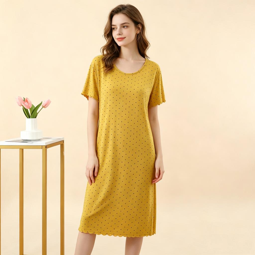 Damen Sommer Modal Pünktchen Rüschen Kurzarm Midi Kleid Übergröße Schmeichelnd Lockerer Schnitt Nachthemd Lässiges Nachthemd Loungewear Kleider
