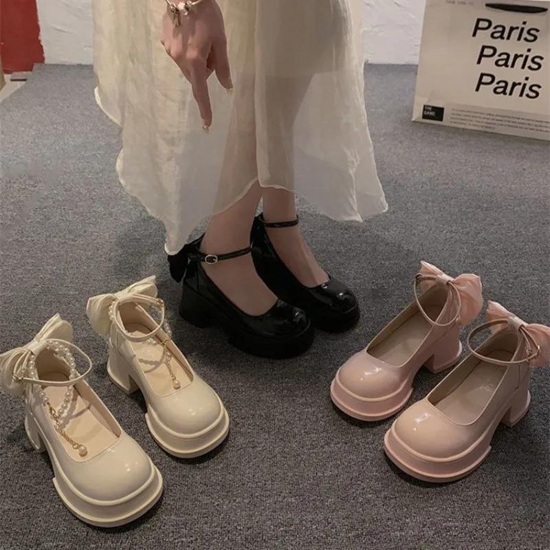 Ladies Shoes 2025 Brand Buckle Strap Women's High Heels Butterfly-knot New Dress String Bead Shallow Mary Jane Shoes