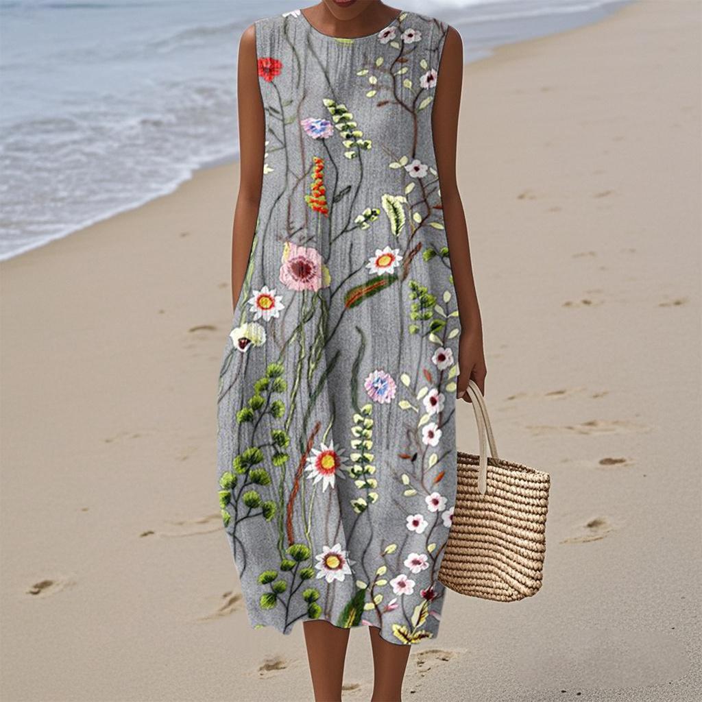 Women's Fashion Casual Sleeveless Round Neck Floral Elegant Temperament Dress