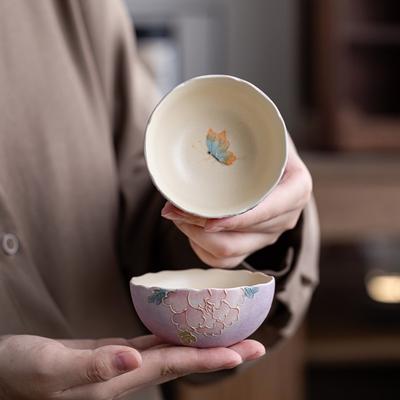 Hand Painted Relief Carving Peony Dragon Egg Cup Chinese Gongfu Tea Set Ceramic Tea Cup Master Cup Unique Artisan Teacup