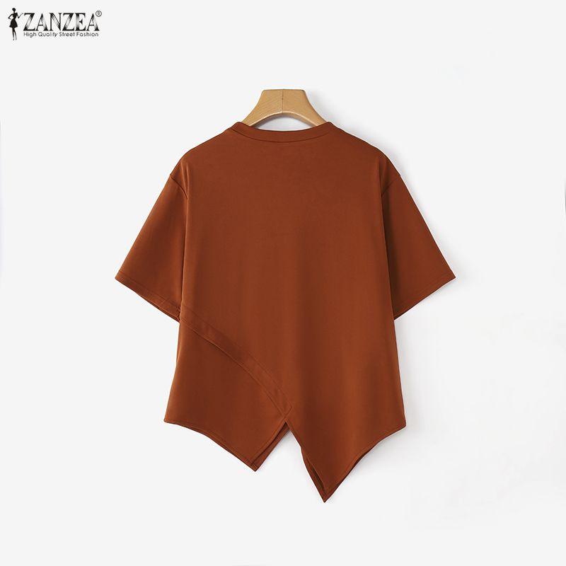 ZANZEA Women Casual Round Neck Summer Short Sleeve Irregular Blouse