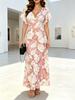 Women's Pink & White Rose Print V-Neck Dress, Flutter Sleeve Slim Maxi A-line Casual Daily Wear