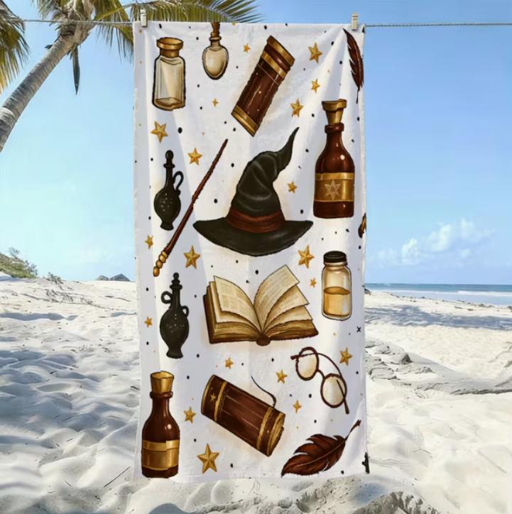 Whimsical Wizardry Beach Towel, Microfiber Sand Free Quick Dry, Magical Potion & Spell Print, Soft Absorbent for Summer & Pool 50X100cm &1pc