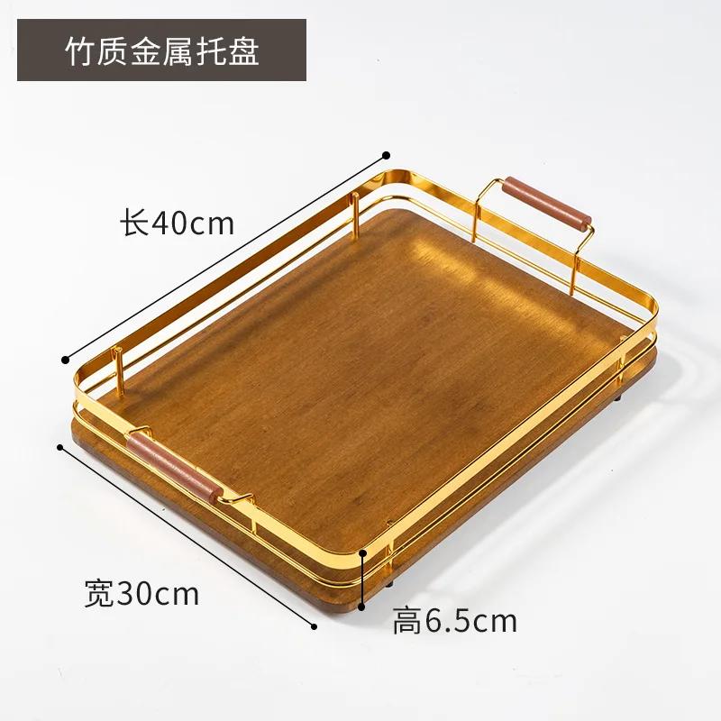 2024 New Bamboo Fruit Tray with Metal Handle, Barbecue Tray Tea Tray Dessert & Bread Plates Wooden Plate Cake Stand