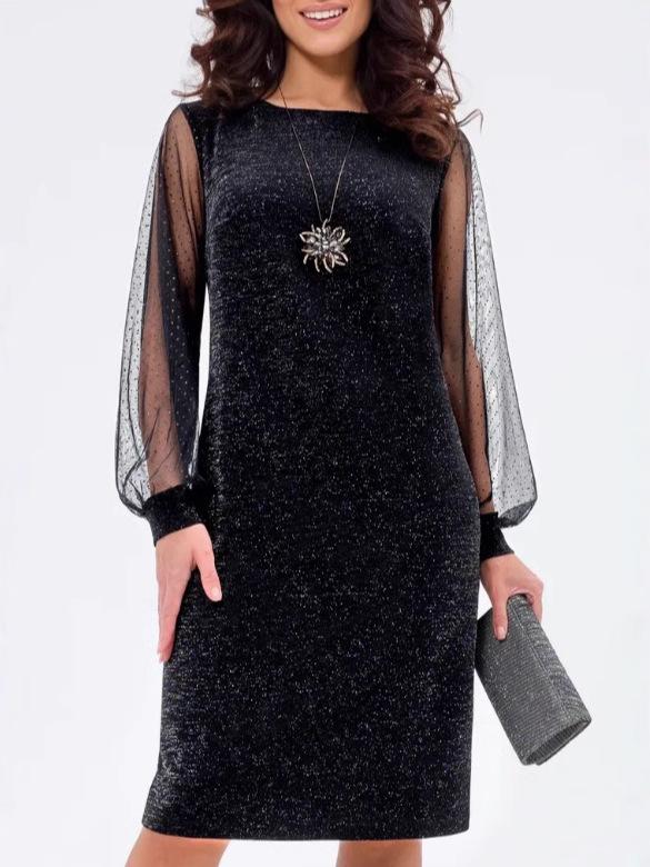 Elegant Silver-Pink Mesh Patchwork Long-Sleeve Dress