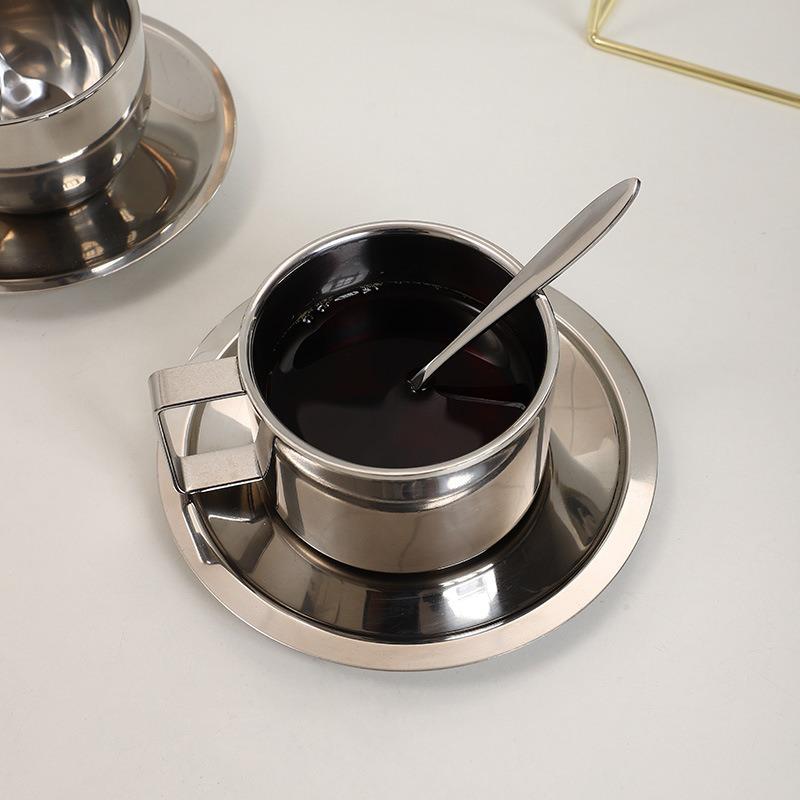 Korean Style Niche Coffee Cup and Saucer Set Retro Stainless Steel Coffee Cup Small Exquisite Posing Vlog Afternoon Tea Cup Sets