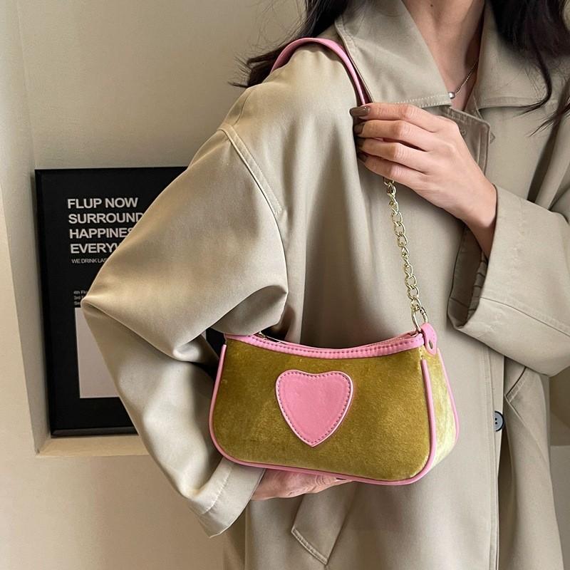 Стиль Spice Girls Миллениум Сумка под мышку Женская 2023 Новая Модная Бархатная Сумка на Цепочке Уличная Мода Цветной Блок Сердце жёлтый
