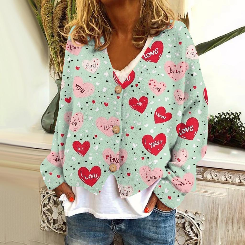 Women's Fashion Short Jacket Casual Long Sleeve Valentine's Day Printed Single Breasted Plush Top