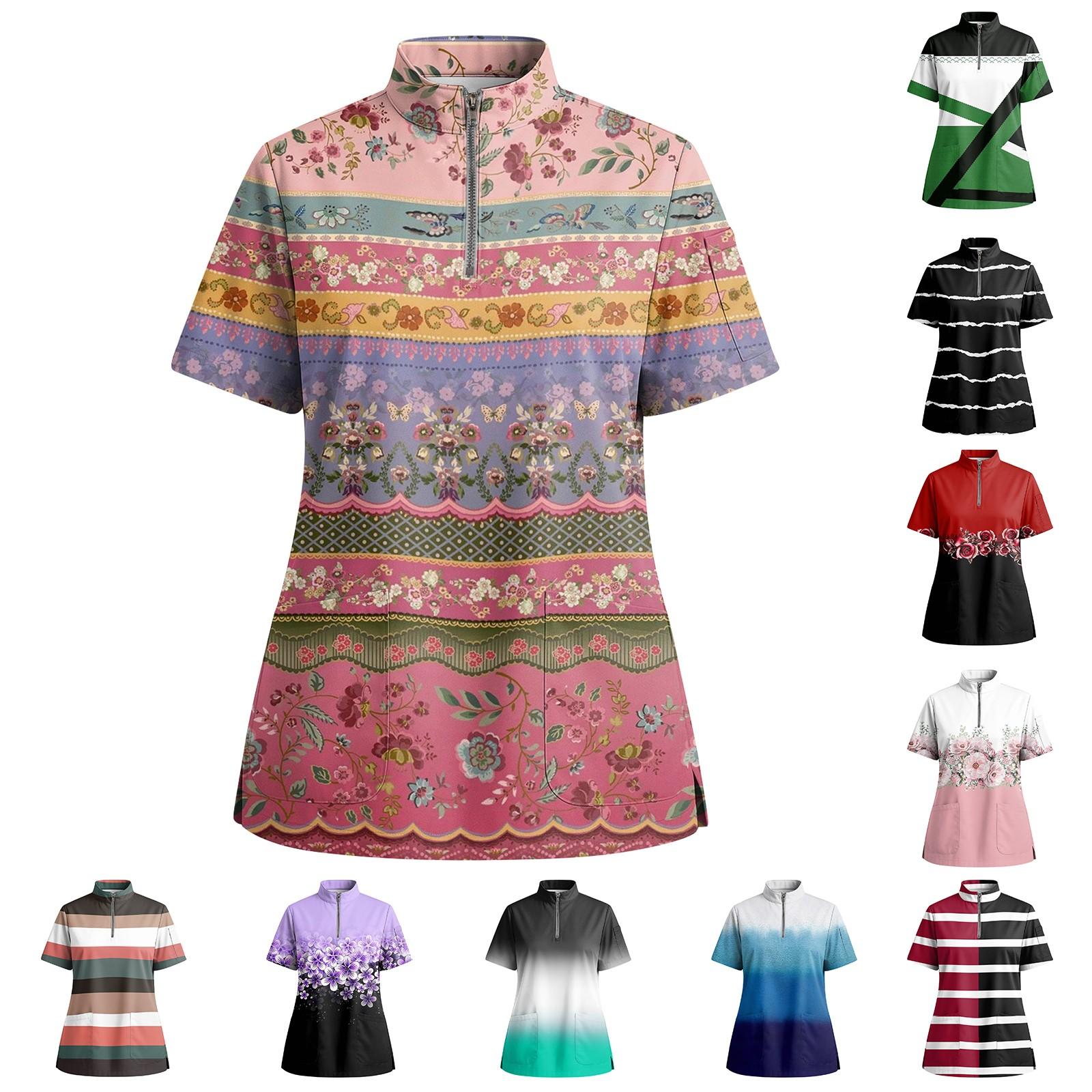 

Women s Short Sleeved Printed V-neck Buttonable Side Slit Top T-shirt XXXXXL рожевий