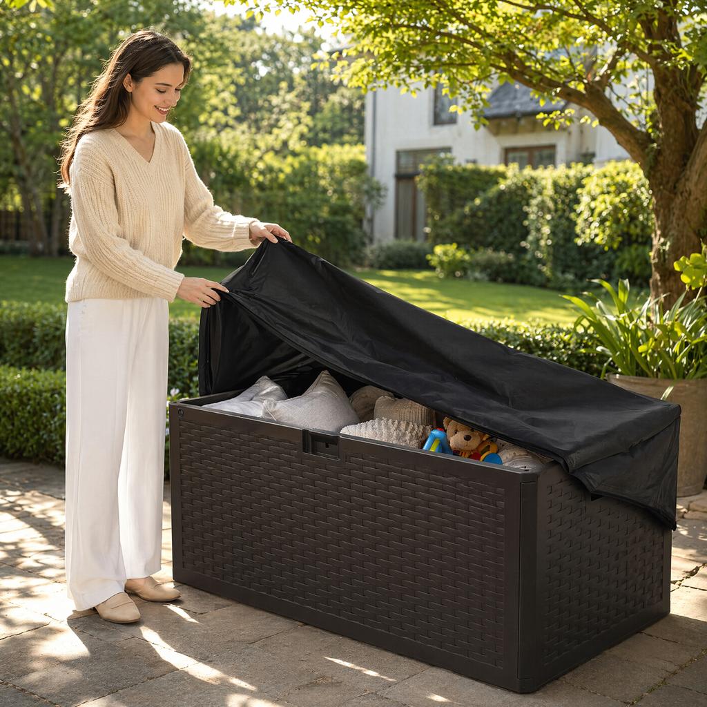 Einteilige Outdoor-Terrassenbox-Abdeckung - Schwarzes Premium-Oxford-Gewebe - Kompatibel mit den meisten anderen Terrassenboxen (nur Hülle)
