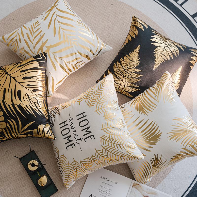 New Hot Stamping Leaf Letter Pillow Case Short Plush Black and White Sofa Bedroom Cushion Pillow