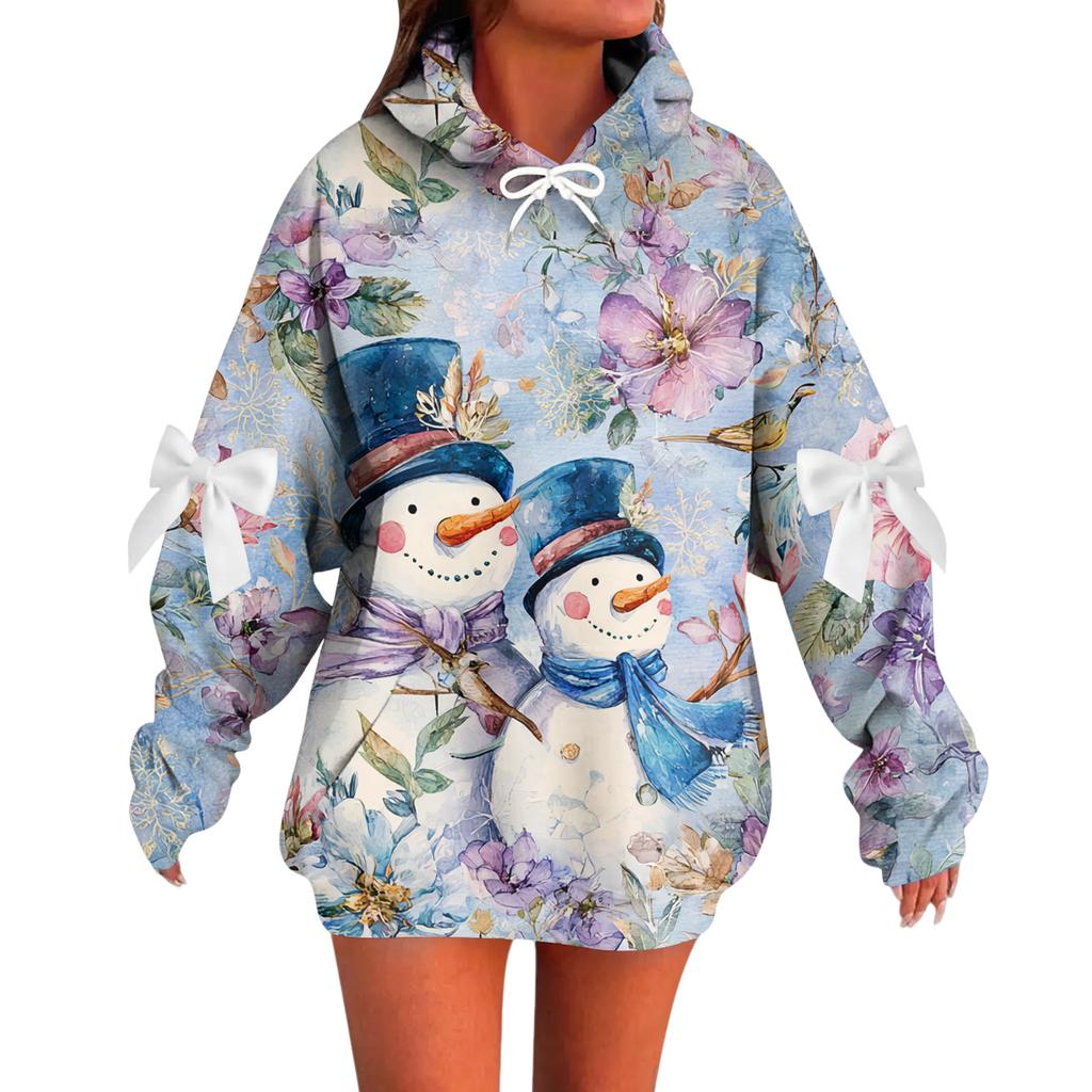 Ladies' Christmas Printed Bow Long Sleeved Loose Fitting Headband With Rope Hooded Sweatshirt Top