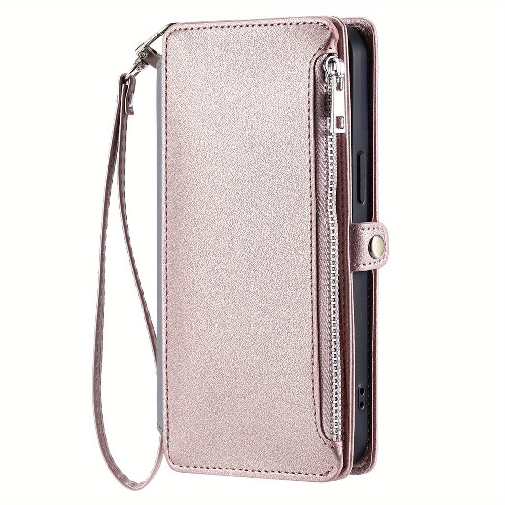 Wallet Leather Flip Case for iPhone 16E 16 Pro Max 15 14 Plus 13 12 11 Wrist Strap Zipper Handbag Card Slot Stand Book Cover
