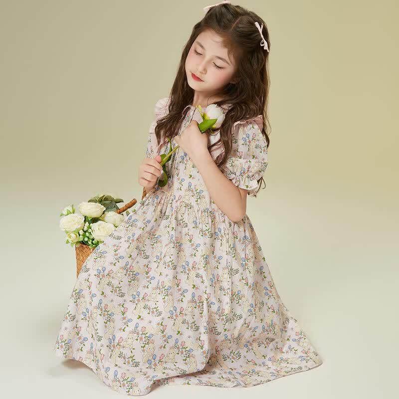 Little Tiger·Patty Girls  Sweet Rabbit Floral Puff Sleeve Summer Dress 110cm