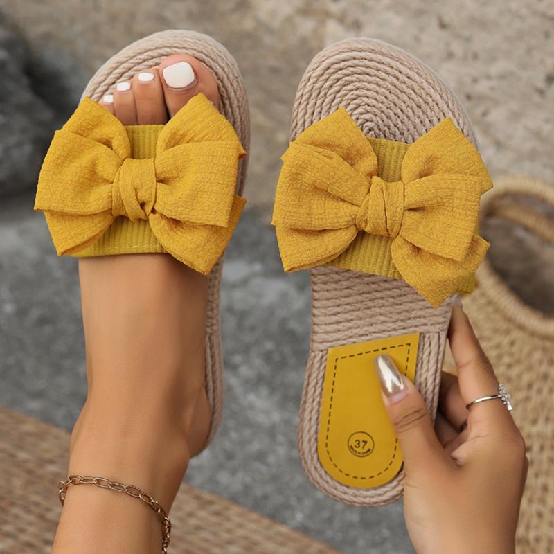 Fashion Women's Beige Bowknot Decor Flat Slippers Lightweight Non Slip Outdoor Beach Slides for Woman Comfort One Strap Casual Slippers