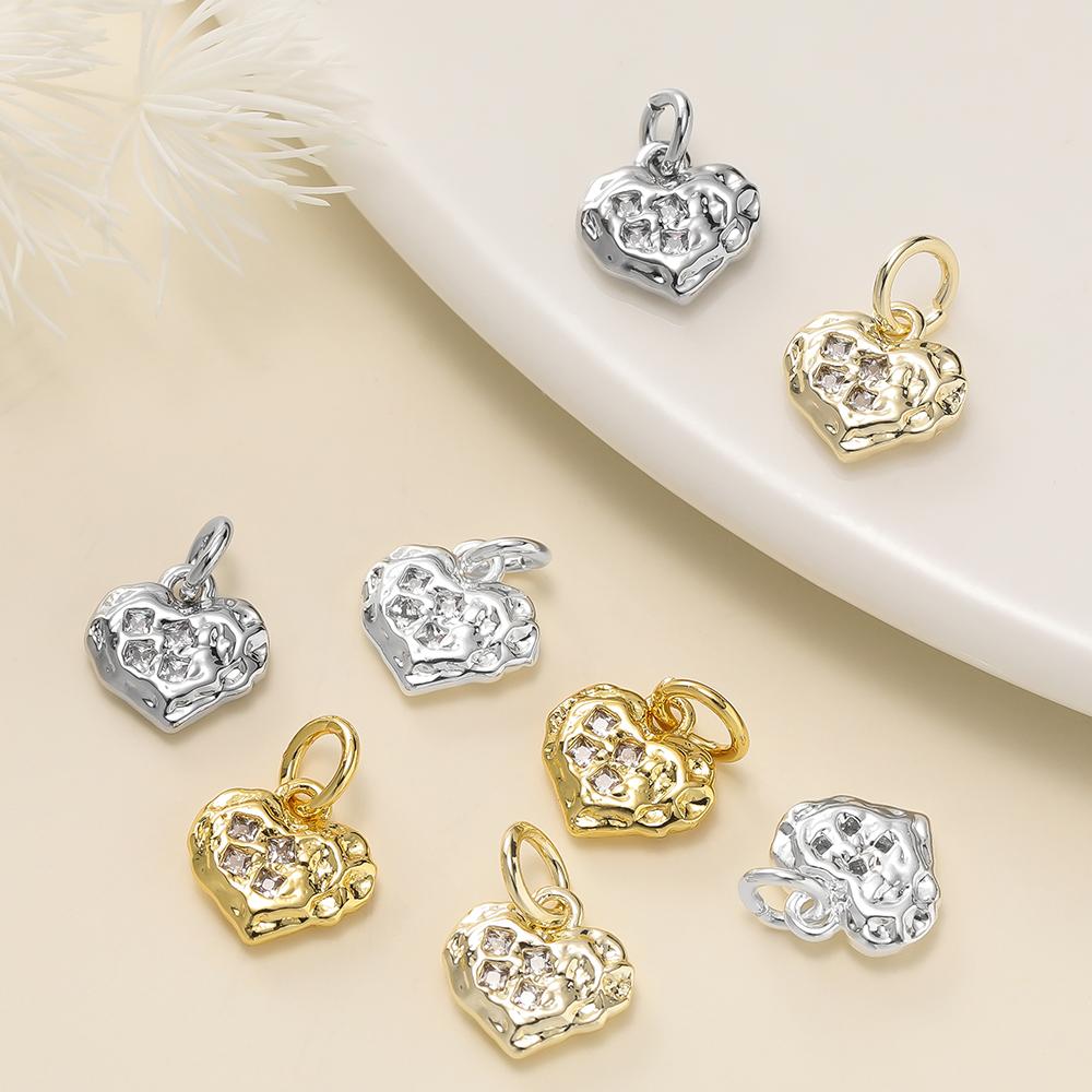 2Piece/Lot 14/18K Gold Color Plated Heart Shape Pendants with Zircon for DIY Bracelets Necklace Jewelry Making Accessories