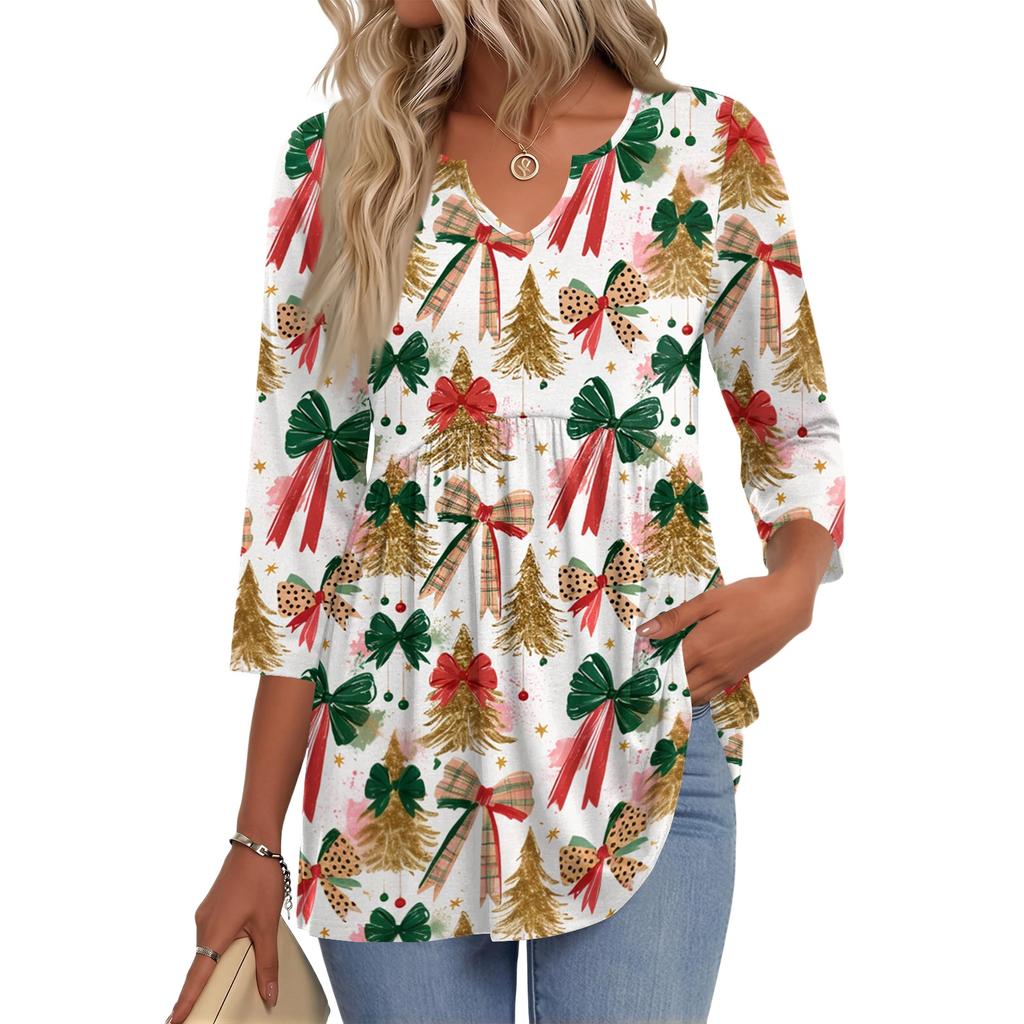 Women's Fashion Casual Christmas Print V-Neck Three-Quarter Sleeve Blouse