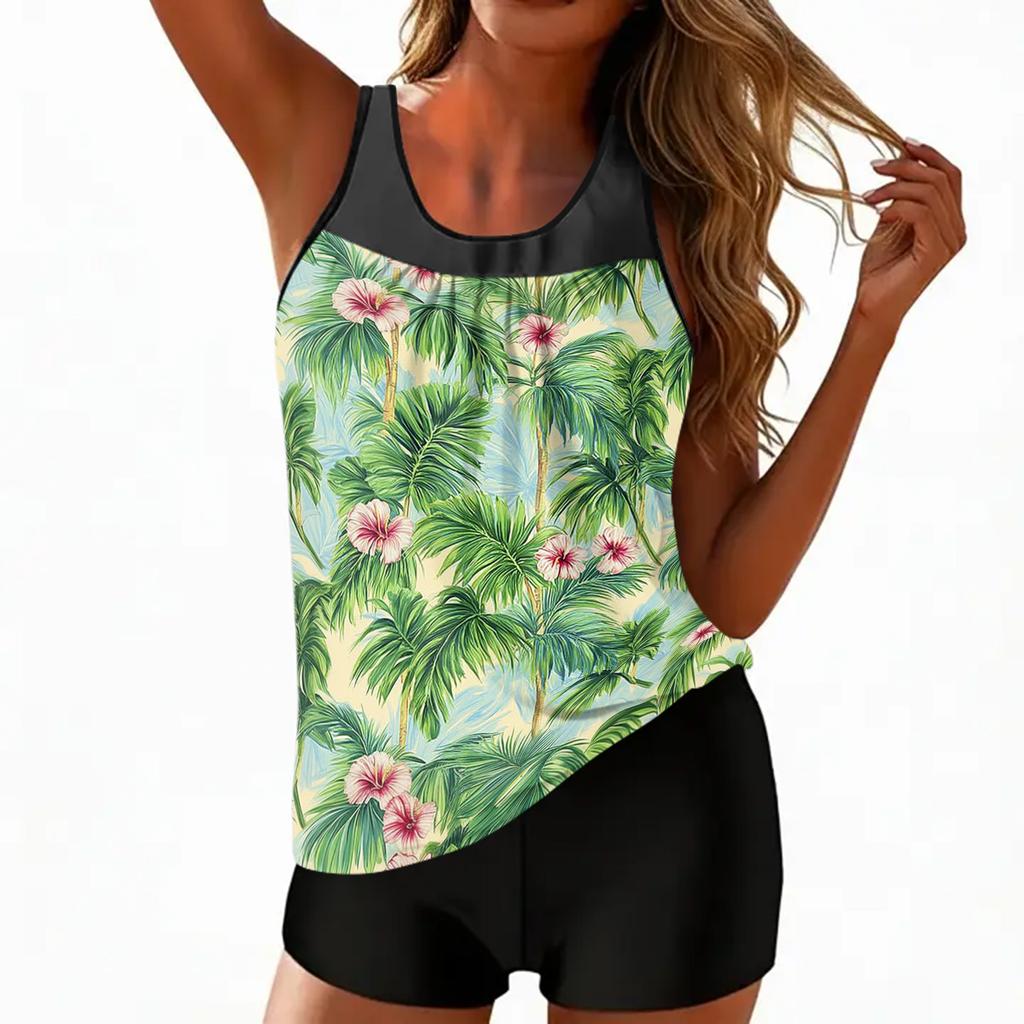 Women’s Tankini Swimsuit Two Piece Set with Floral Print Sleeveless Top and Boyshorts Swimwear for Pool Beach