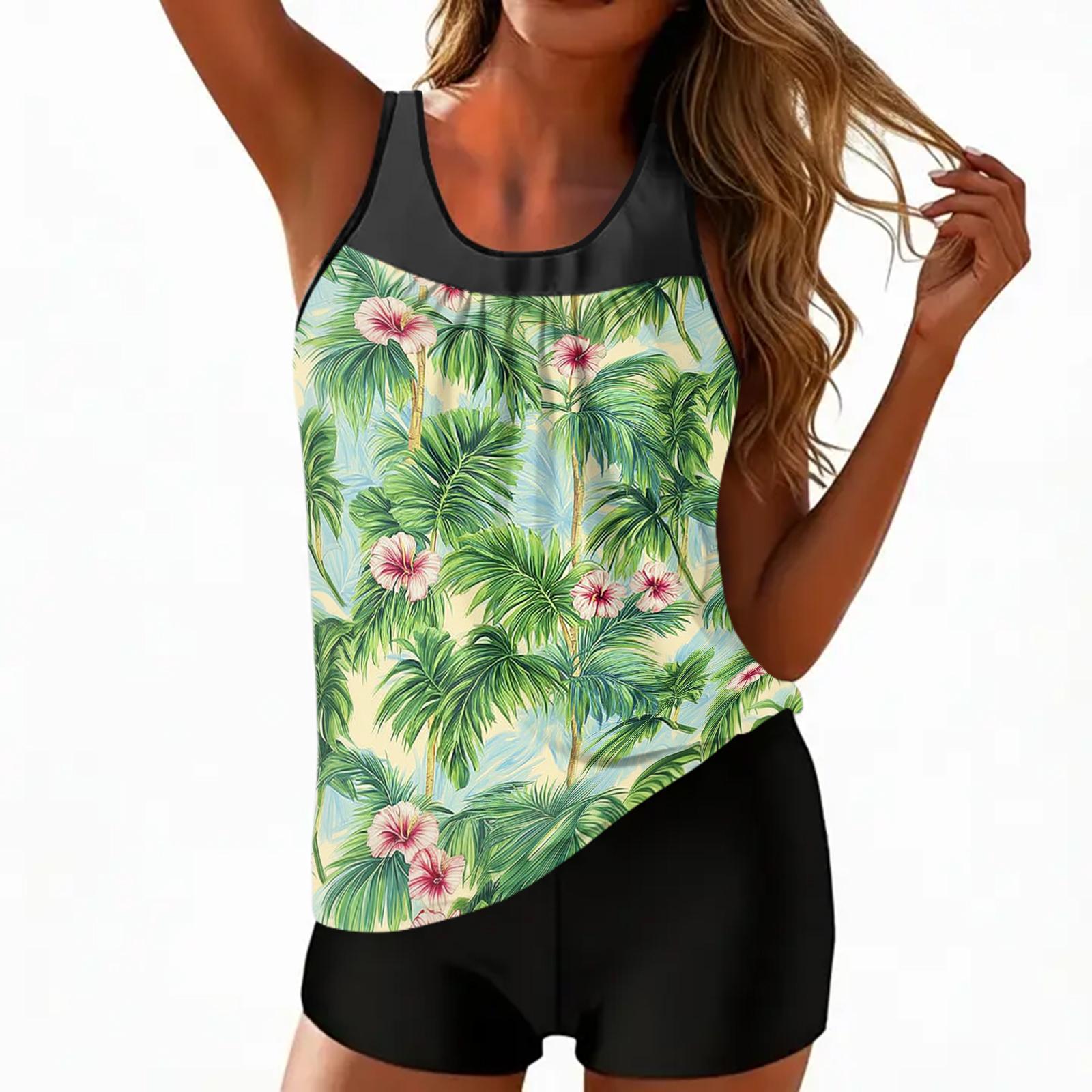 

Women’s Tankini Swimsuit Set with Printed Floral Pattern and Mesh Patchwork Top Comfortable Swimwear for Beach Pool XL