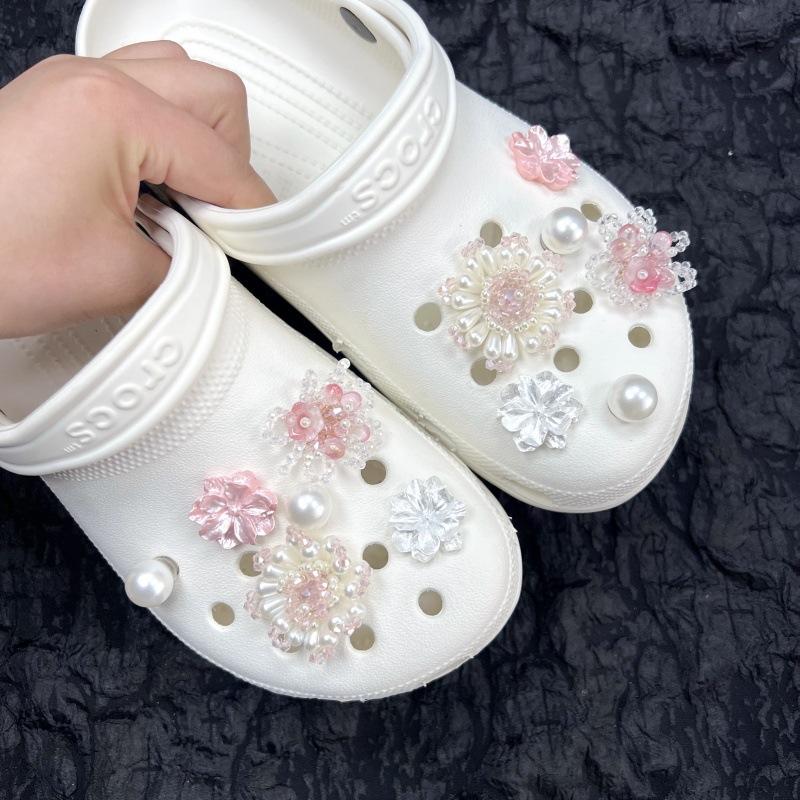 Pink, Pearl Flower Shoe Buckle, Hand Woven, Diy, Detachable Shoe Flowers, Perforated Shoe Accessories, Beautiful and Fashionable Pearls
