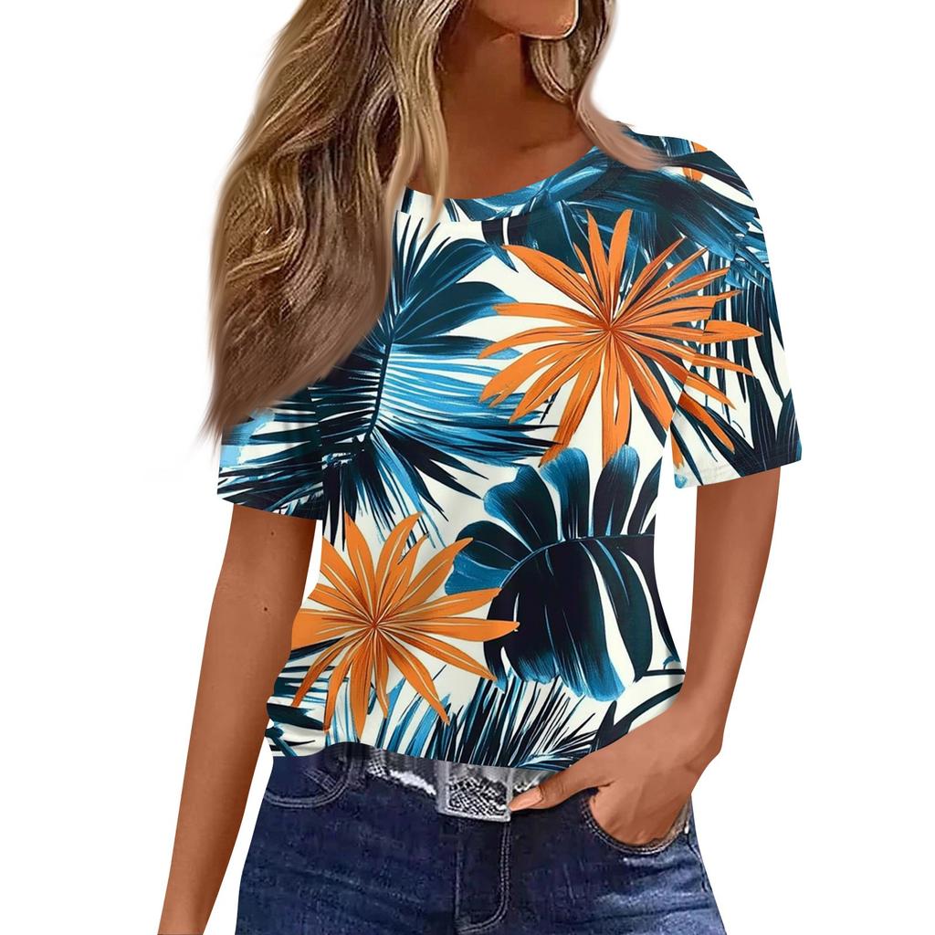 Damski modny, swobodny, krótki rękaw, nadruk, okrągły dekolt, bluzka typu pullover