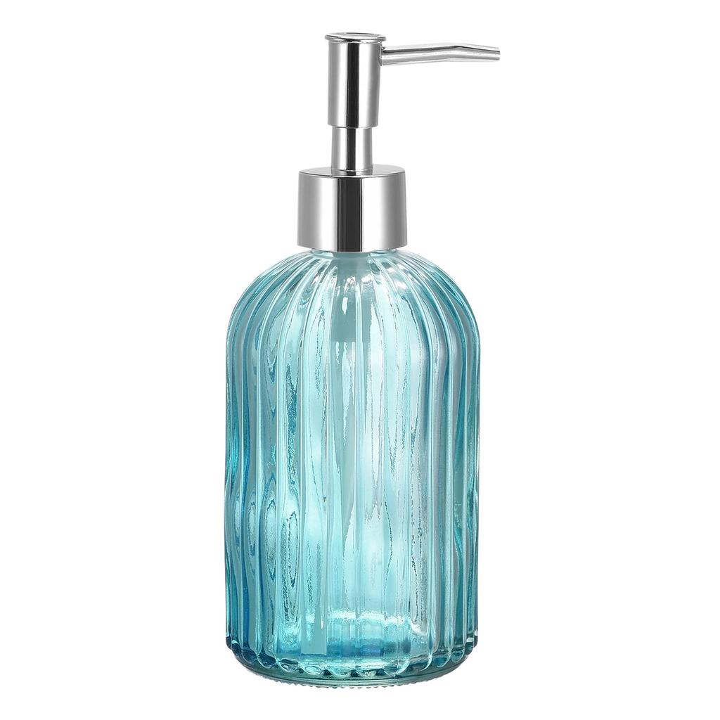 Uxcell Soap Dispenser Set Glass Dish Hand Soap Dispenser with Pump for Kitchen Toilet Silver Blue 400ml