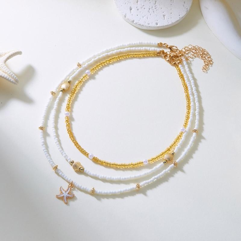 Fashionable Natural Shell Pearls Elastic Jewelry Triple Wear Neck Chain Wrist Ankle Decoration Coastal Styles Use
