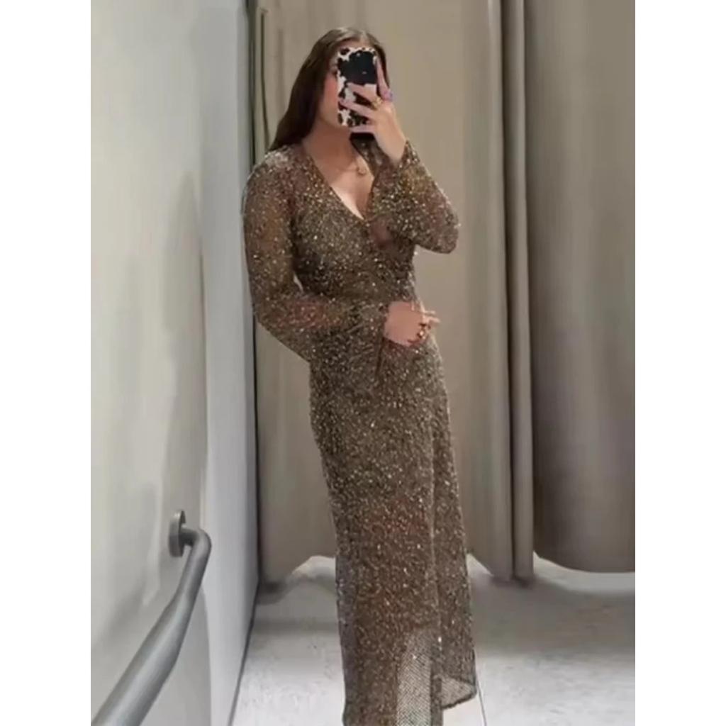 LYRIA Sexy Sequined Long Pleated Dress Women Deep V-neck Full Sleeve See Through Dresses Summer Lady Party Evening Dresses
