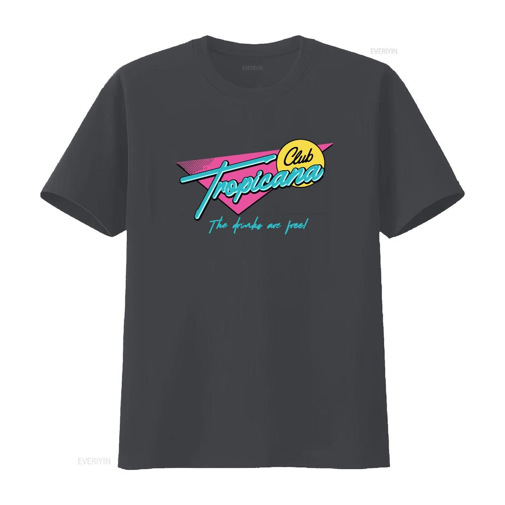 Club Tropicana T Shirt Retro 80s Neon Design Perfect for Fancy Dress Parties Music Lovers The Drinks Are Free Vintage Washed