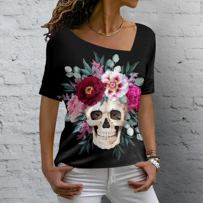 Vintage Skull Women's T Shirt 3D Printed Skew Collar Blouses Casual Short Sleeve Pullover Tops Summer Oversized Clothes Tees