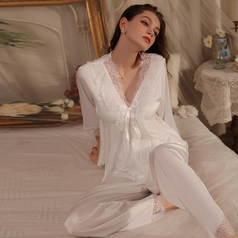 

Новый пижамный комплект, женская домашняя одежда, осенний атласный кружевной топ с глубоким V-образным вырезом и плиссировкой на талии, брюки, женская милая пижама для девочек XL