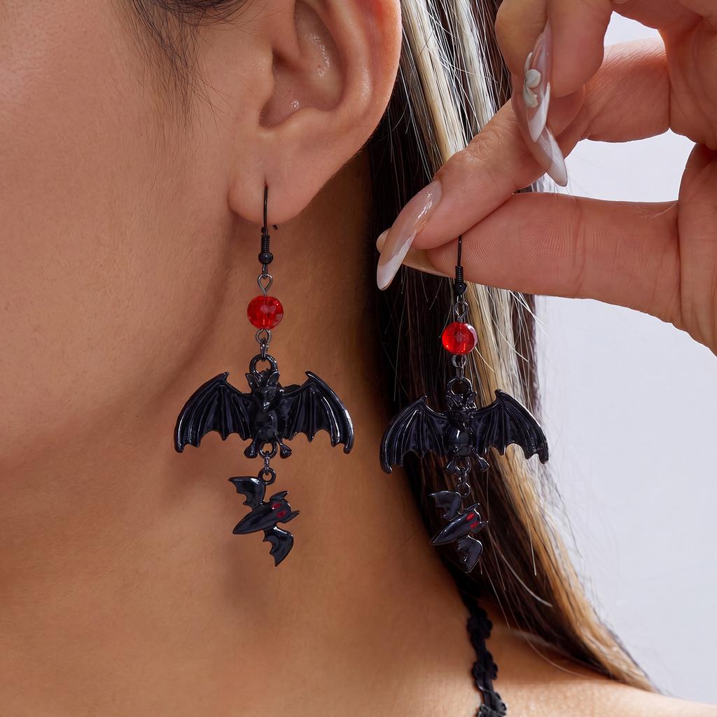 Gothic Punk Black Bat Dangle Earrings For Women Red Crystal Beads Dark Style Bat Drop  Earring Halloween Party Horror Jewelry