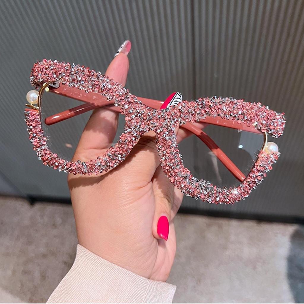 Candy Color Large Frame Pearl Rhinestone Decor Anti-Blue Light Glasses