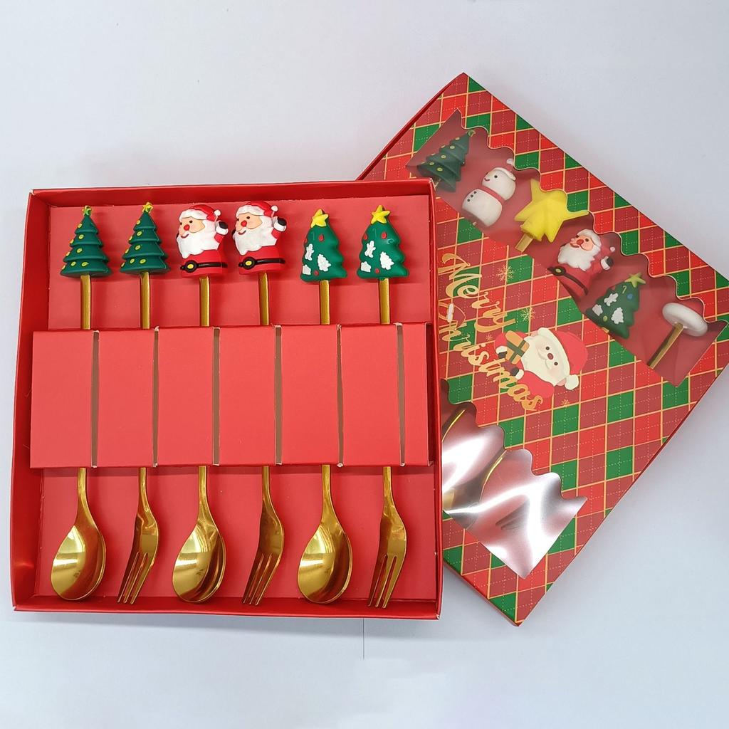 2/4/6Pcs Christmas Spoon and Fork Set Stainless Steel Creative Tableware Coffee Tea Dessert Spoon and Fork Exquisite Gift Set
