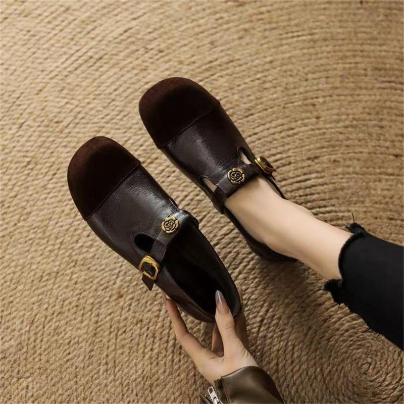 French camellia Mary Jane shoes 2025 autumn new flat bottom shallow mouth single shoes versatile round head with skirt small leather shoes