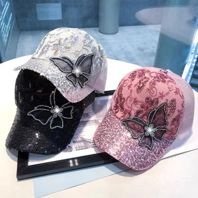 Women Summer Shiny Rhinestone Butterfly Baseball Cap Mesh Breathable Glitter Sequins Sunscreen Hat Casual Outdoor Visors Hats