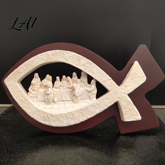 Religious Table Decor Fish Shape Last Supper Scene Statue Resin Sculpture Decorative Faith Unique Christian Gifts Art Ornament for Home Living Room
